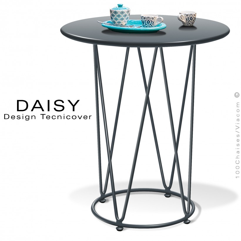 Petite table café ou d'appoint design DAISY, pour extérieur, structure acier peint anthracite, plateau rond Ø65 cm.