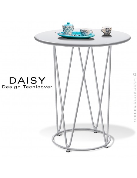 Petite table café ou d'appoint ronde design DAISY, pour extérieur, structure acier peint blanche, plateau rond Ø65 cm.