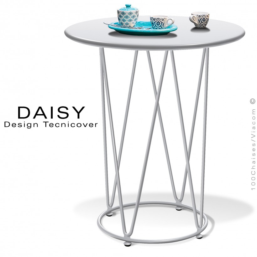 Petite table café ou d'appoint ronde design DAISY, pour extérieur, structure acier peint blanche, plateau rond Ø65 cm.