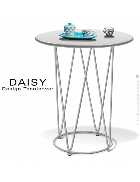 Petite table café ou d'appoint design DAISY, pour extérieur, structure acier peint blanc perle, plateau rond Ø65 cm.