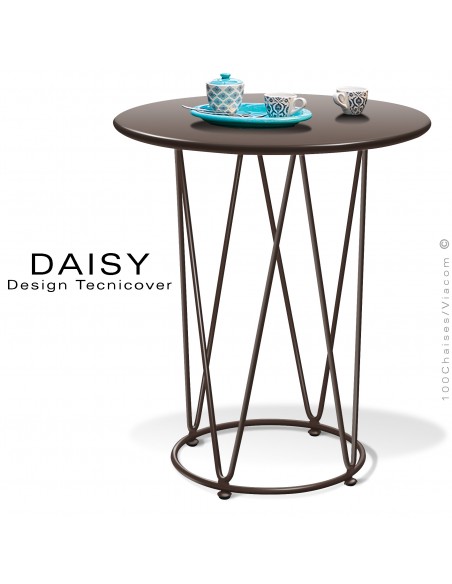 Petite table café ou d'appoint design DAISY, pour extérieur, structure acier peint bronze, plateau rond Ø65 cm.