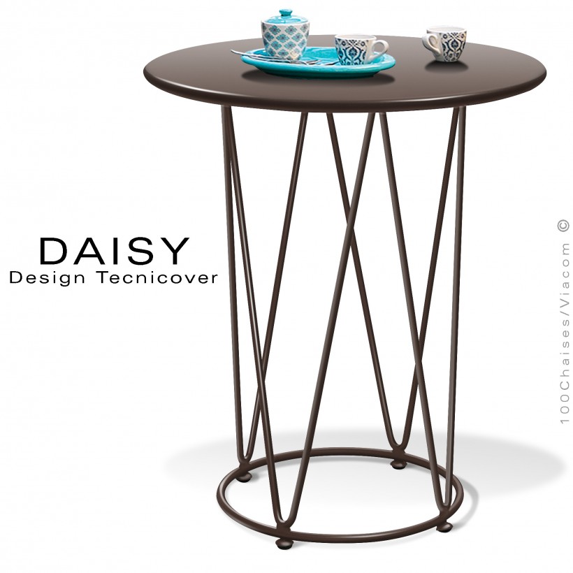 Petite table café ou d'appoint design DAISY, pour extérieur, structure acier peint bronze, plateau rond Ø65 cm.