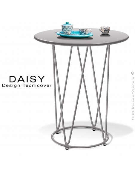 Petite table café ou d'appoint design DAISY, pour extérieur, structure acier peint gris Tourterelle, plateau rond Ø65 cm.