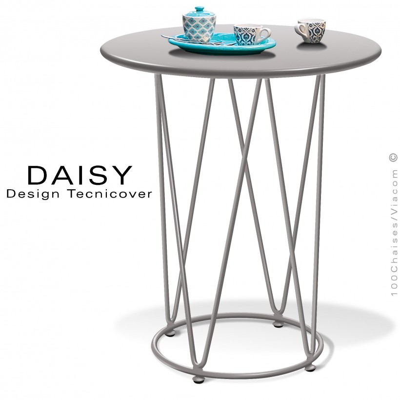 Petite table café ou d'appoint design DAISY, pour extérieur, structure acier peint gris Tourterelle, plateau rond Ø65 cm.