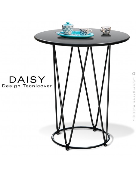 Petite table café ou d'appoint design DAISY, pour extérieur, structure acier peint noir, plateau rond Ø65 cm.