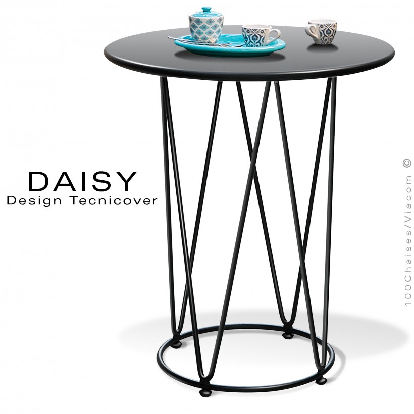 Petite table café ou d'appoint design DAISY, pour extérieur, structure acier peint noir, plateau rond Ø65 cm.