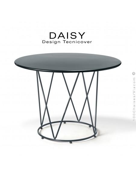 Table café ou d'appoint design DAISY, pour extérieur, structure acier galvanisé finition peint anthracite, plateau rond Ø90 cm.