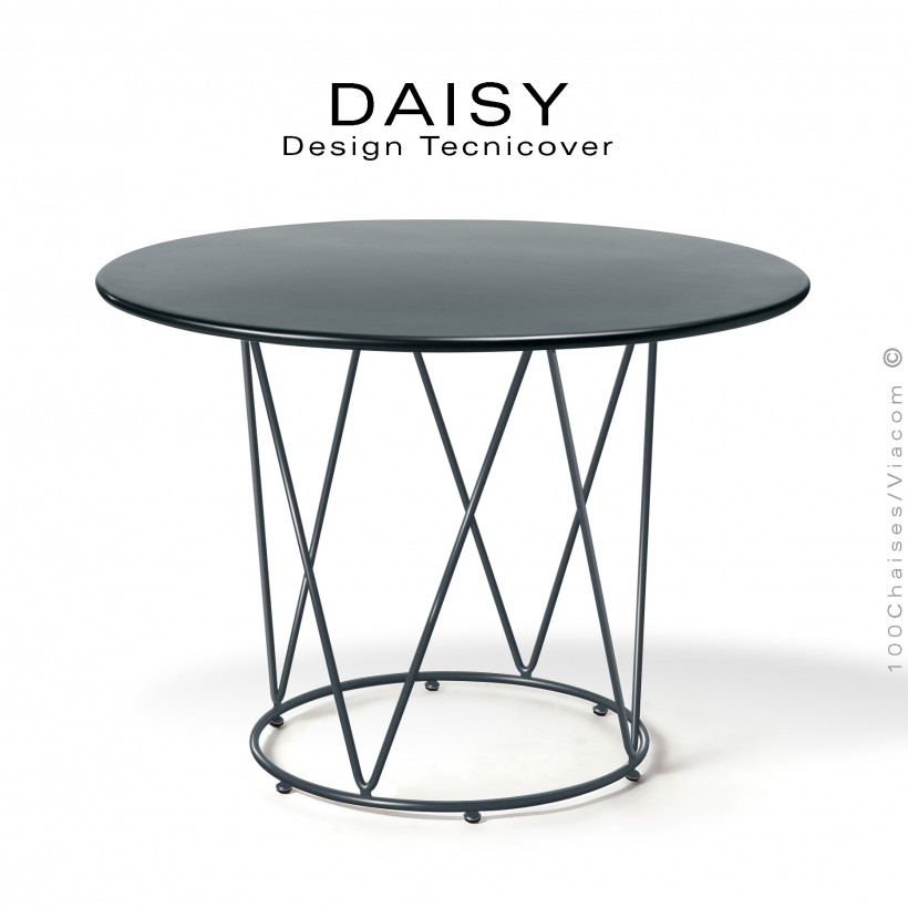 Table café ou d'appoint design DAISY, pour extérieur, structure acier galvanisé finition peint anthracite, plateau rond Ø90 cm.