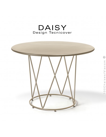 Table café ou d'appoint design DAISY, pour extérieur, structure acier galvanisé finition peint beige, plateau rond Ø90 cm.