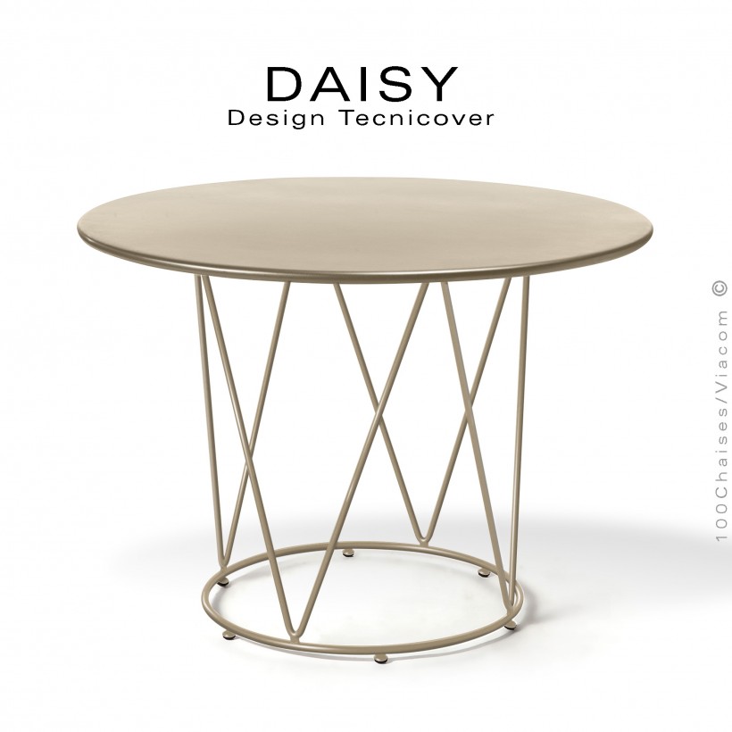 Table café ou d'appoint design DAISY, pour extérieur, structure acier galvanisé finition peint beige, plateau rond Ø90 cm.