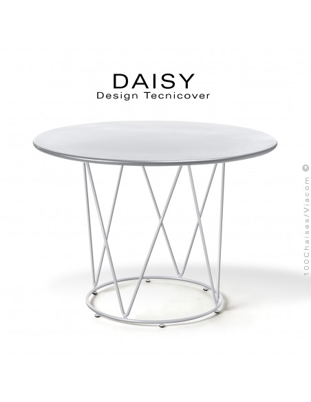 Table café ou d'appoint design DAISY, pour extérieur, structure acier galvanisé finition peint blanc, plateau rond Ø90 cm.