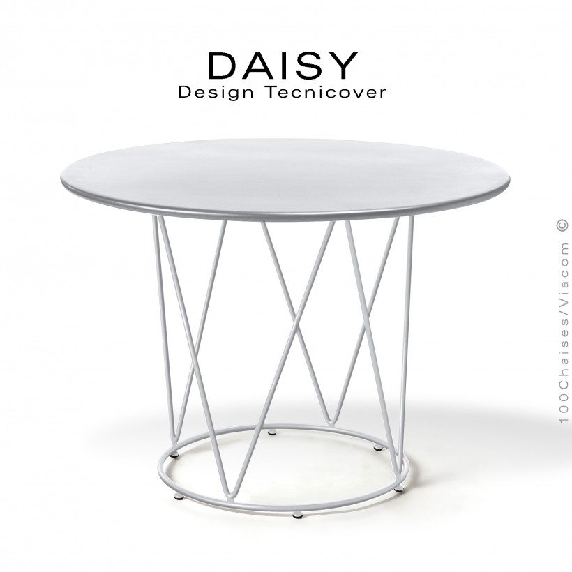 Table café ou d'appoint design DAISY, pour extérieur, structure acier galvanisé finition peint blanc, plateau rond Ø90 cm.