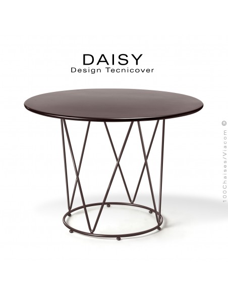 Table café ou d'appoint design DAISY, pour extérieur, structure acier galvanisé finition peint bronze, plateau rond Ø90 cm.