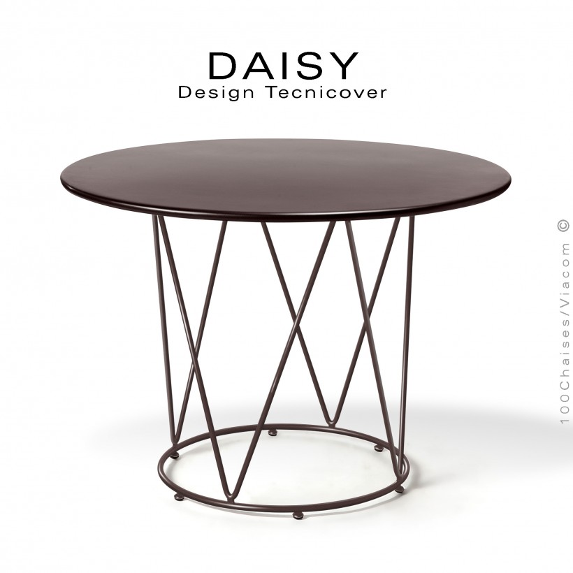 Table café ou d'appoint design DAISY, pour extérieur, structure acier galvanisé finition peint bronze, plateau rond Ø90 cm.