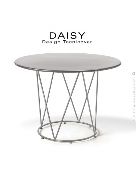 Table café ou d'appoint design DAISY, pour extérieur, structure acier galvanisé finition gris Tourterelle, plateau rond Ø90 cm.