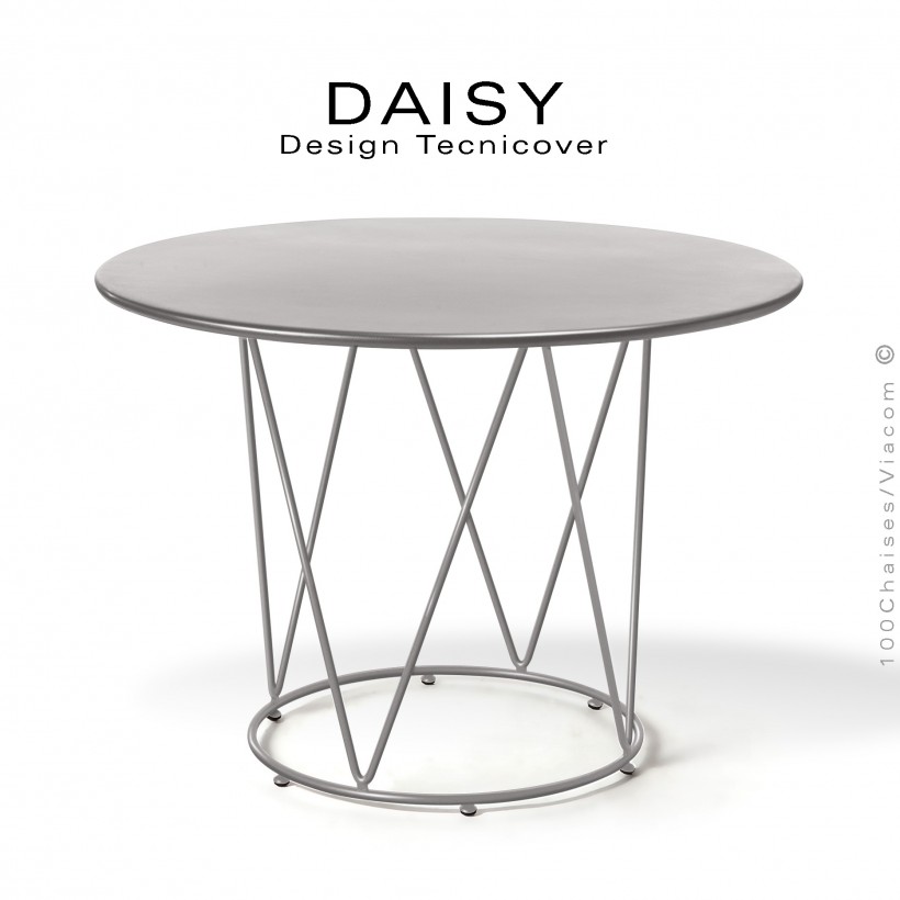 Table café ou d'appoint design DAISY, pour extérieur, structure acier galvanisé finition gris Tourterelle, plateau rond Ø90 cm.