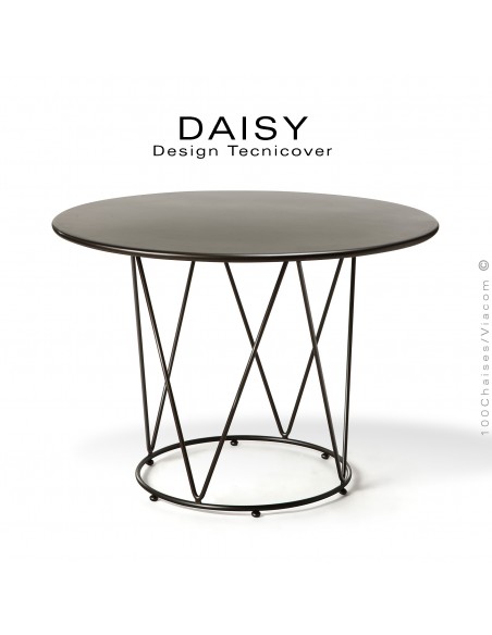 Table café ou d'appoint design DAISY, pour extérieur, structure acier galvanisé finition peint noir, plateau rond Ø90 cm.