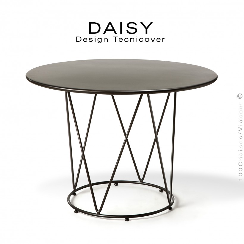 Table café ou d'appoint design DAISY, pour extérieur, structure acier galvanisé finition peint noir, plateau rond Ø90 cm.