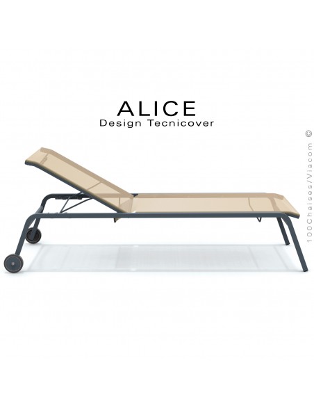 Bain de soleil ALICE, structure acier peint anthracite avec roulettes, assise et dossier tissu Texplat couleur écru.