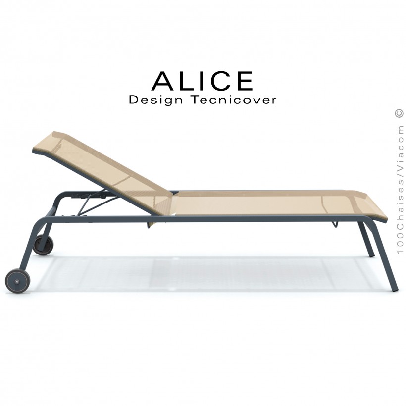 Bain de soleil ALICE, structure acier peint anthracite avec roulettes, assise et dossier tissu Texplat couleur écru.