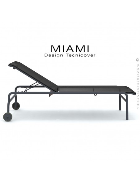 Transat, chaise longue MIAMI, structure peinte anthracite avec roulettes, assise, dossier tissu Texplat couleur anthracite.