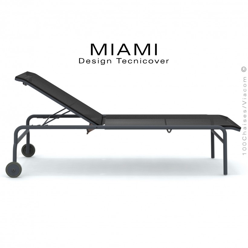 Transat, chaise longue MIAMI, structure peinte anthracite avec roulettes, assise, dossier tissu Texplat couleur anthracite.