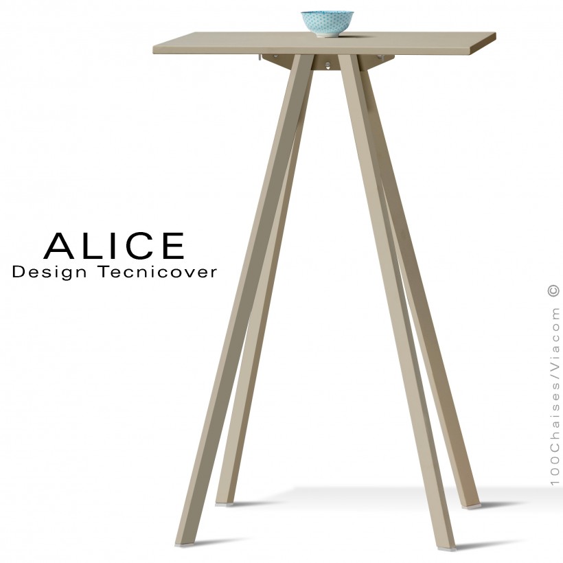 Table haute ou mange debout design ALICE, pour C.H.R., et extérieur, structure peint beige, plateau rond ou carré.