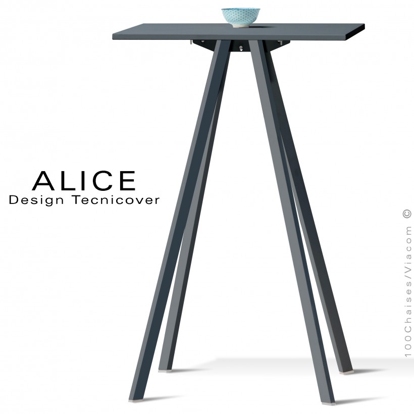 Table haute ou mange debout design ALICE, pour C.H.R., et extérieur, structure peint anthracite, plateau rond ou carré.