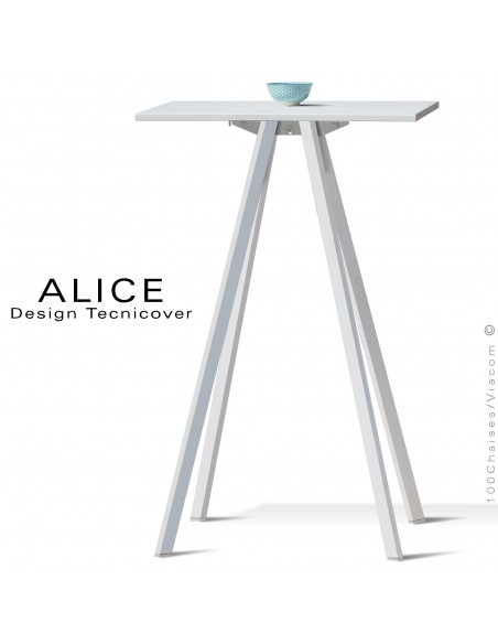 Table haute ou mange debout design ALICE, pour C.H.R., et extérieur, structure peint blanc, plateau rond ou carré.