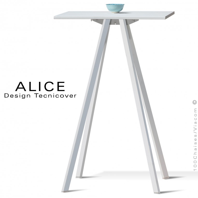 Table haute ou mange debout design ALICE, pour C.H.R., et extérieur, structure peint blanc, plateau rond ou carré.