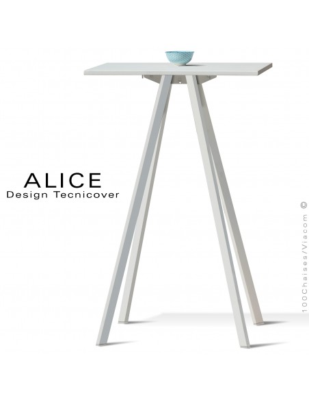 Table haute ou mange debout design ALICE, pour C.H.R., et extérieur, structure peint blanc perle, plateau rond ou carré.