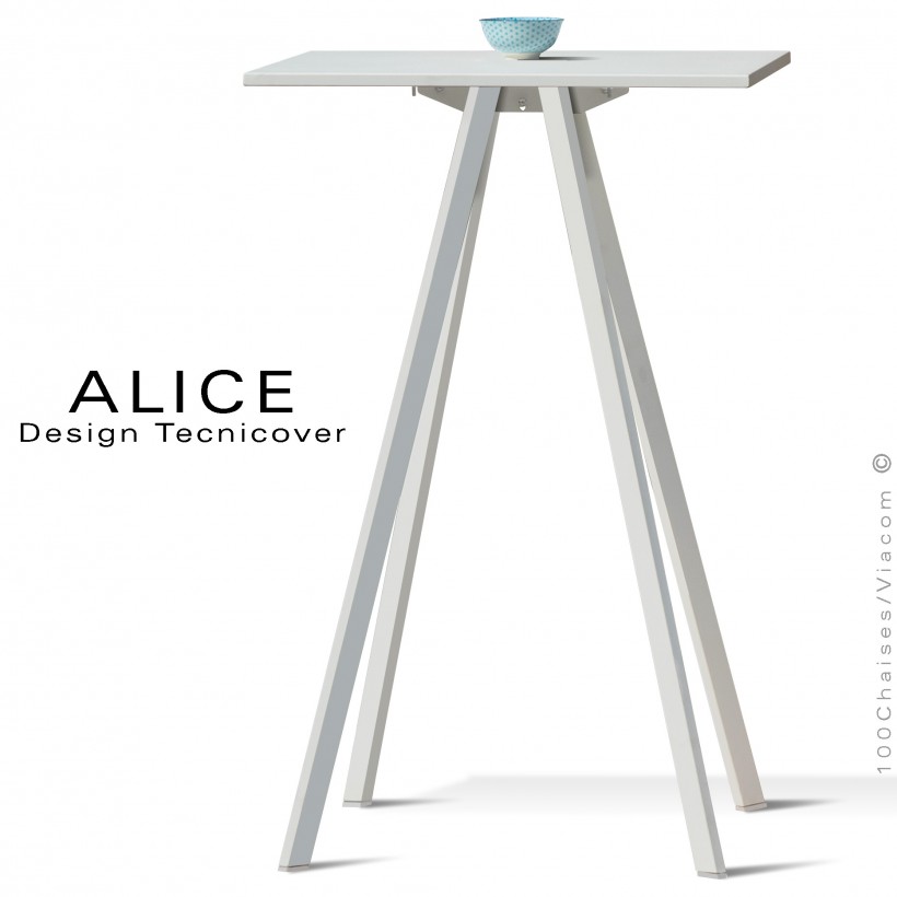 Table haute ou mange debout design ALICE, pour C.H.R., et extérieur, structure peint blanc perle, plateau rond ou carré.