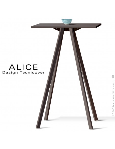 Table haute ou mange debout design ALICE, pour C.H.R., et extérieur, structure peint bronze, plateau rond ou carré.