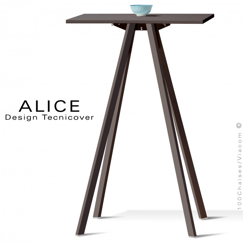 Table haute ou mange debout design ALICE, pour C.H.R., et extérieur, structure peint bronze, plateau rond ou carré.