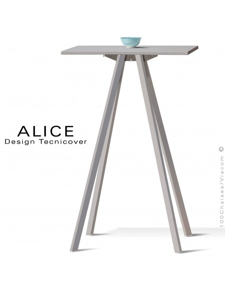 Table haute ou mange debout design ALICE, pour C.H.R., et extérieur, structure peint gris Tourterelle, plateau rond ou carré.