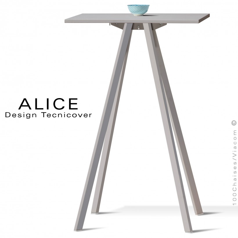 Table haute ou mange debout design ALICE, pour C.H.R., et extérieur, structure peint gris Tourterelle, plateau rond ou carré.