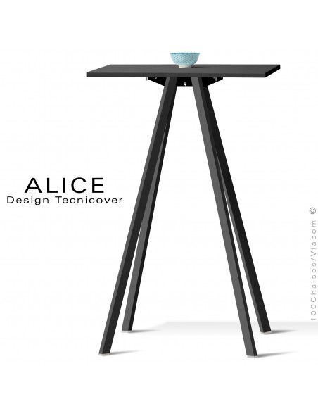 Table haute ou mange debout design ALICE, pour C.H.R., et extérieur, structure peint noir, plateau rond ou carré.