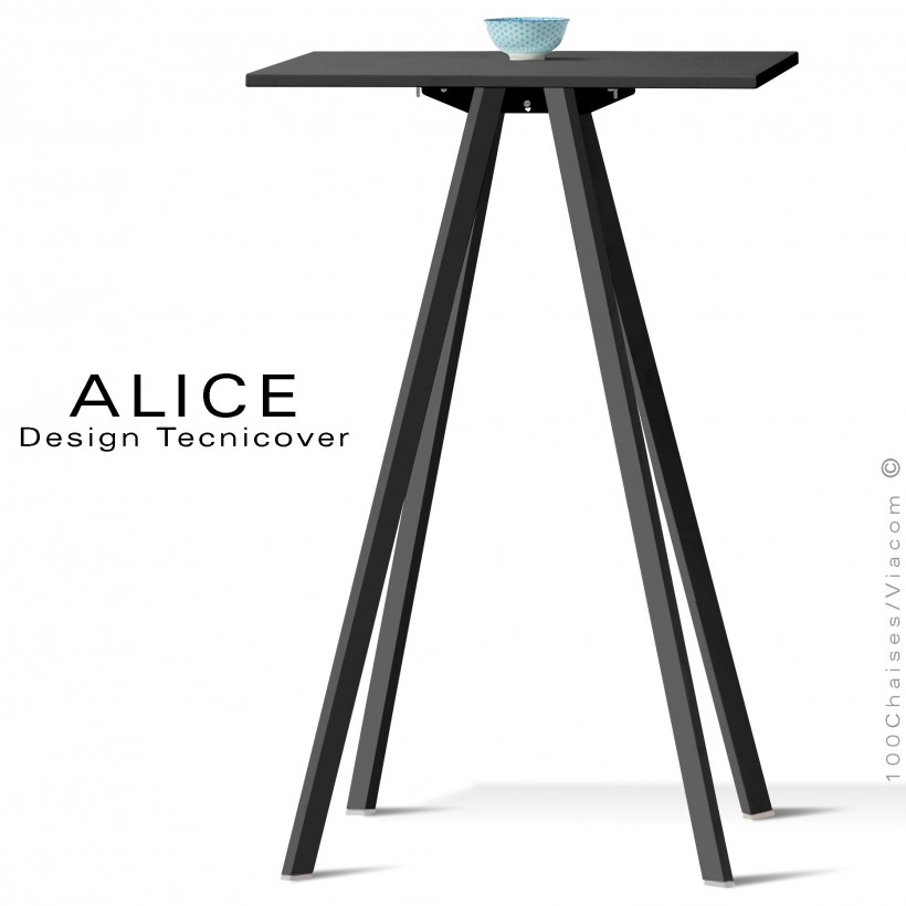 Table haute ou mange debout design ALICE, pour C.H.R., et extérieur, structure peint noir, plateau rond ou carré.