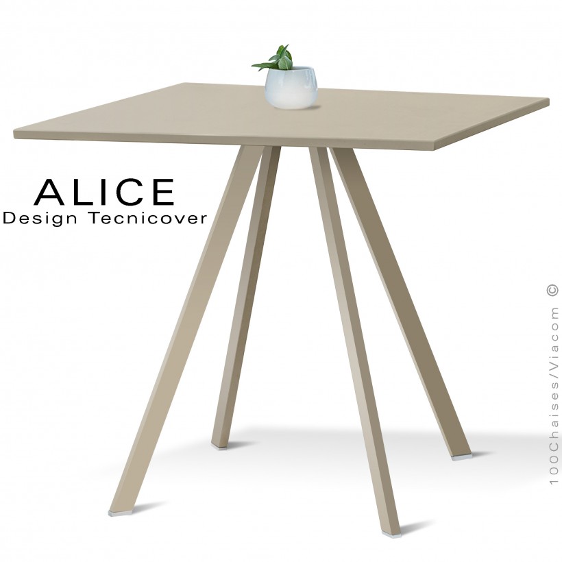 Table repas design ALICE, pour C.H.R. et extérieur, structure acier peint beige, plateau rond ou carré.