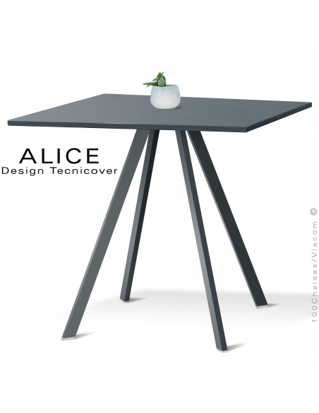 Table repas design ALICE, pour C.H.R. et extérieur, structure acier peint anthracite, plateau rond ou carré.