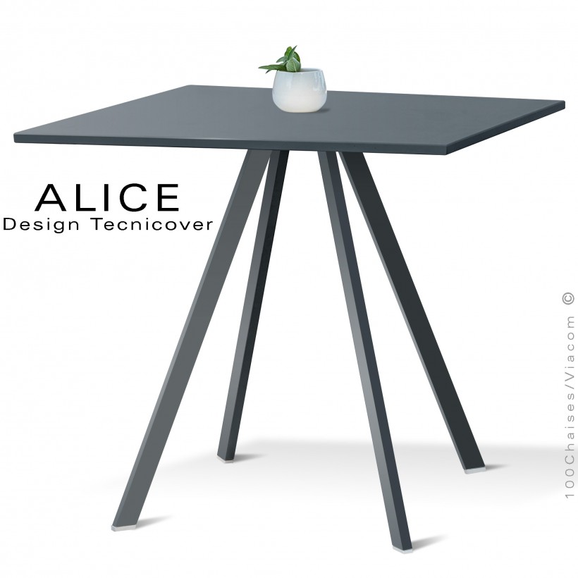 Table repas design ALICE, pour C.H.R. et extérieur, structure acier peint anthracite, plateau rond ou carré.