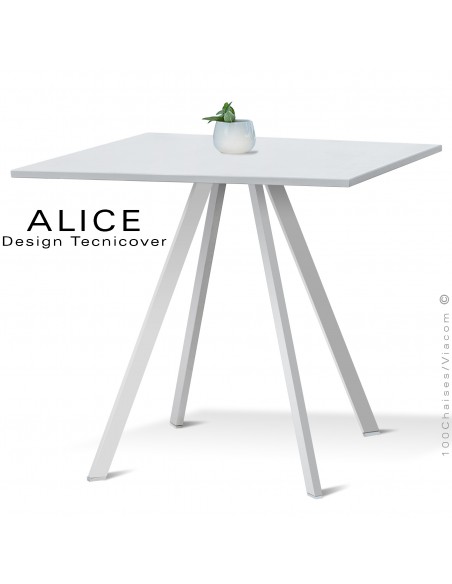 Table repas design ALICE, pour C.H.R. et extérieur, structure acier peint blanc, plateau rond ou carré.