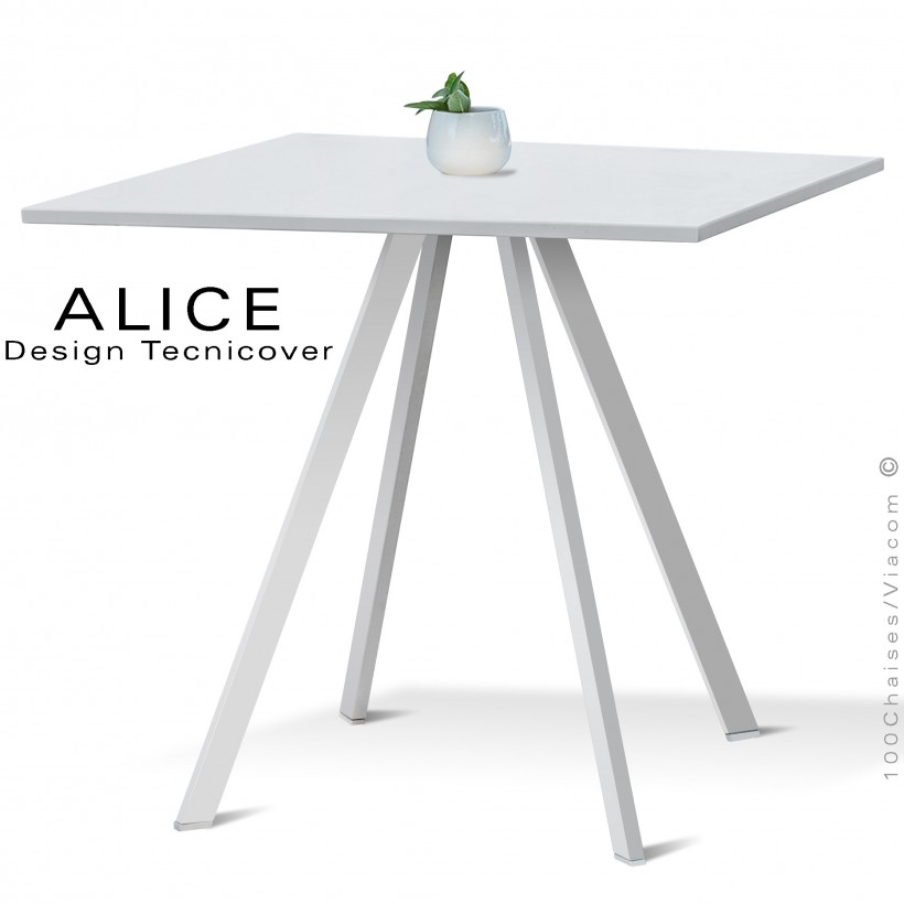 Table repas design ALICE, pour C.H.R. et extérieur, structure acier peint blanc, plateau rond ou carré.