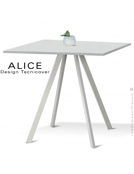 Table repas design ALICE, pour C.H.R. et extérieur, structure acier peint blanc perle, plateau rond ou carré.