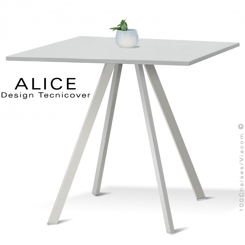 Table repas design ALICE, pour C.H.R. et extérieur, structure acier peint blanc perle, plateau rond ou carré.