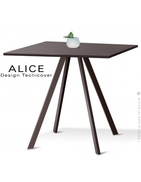 Table repas design ALICE, pour C.H.R. et extérieur, structure acier peint bronze, plateau rond ou carré.