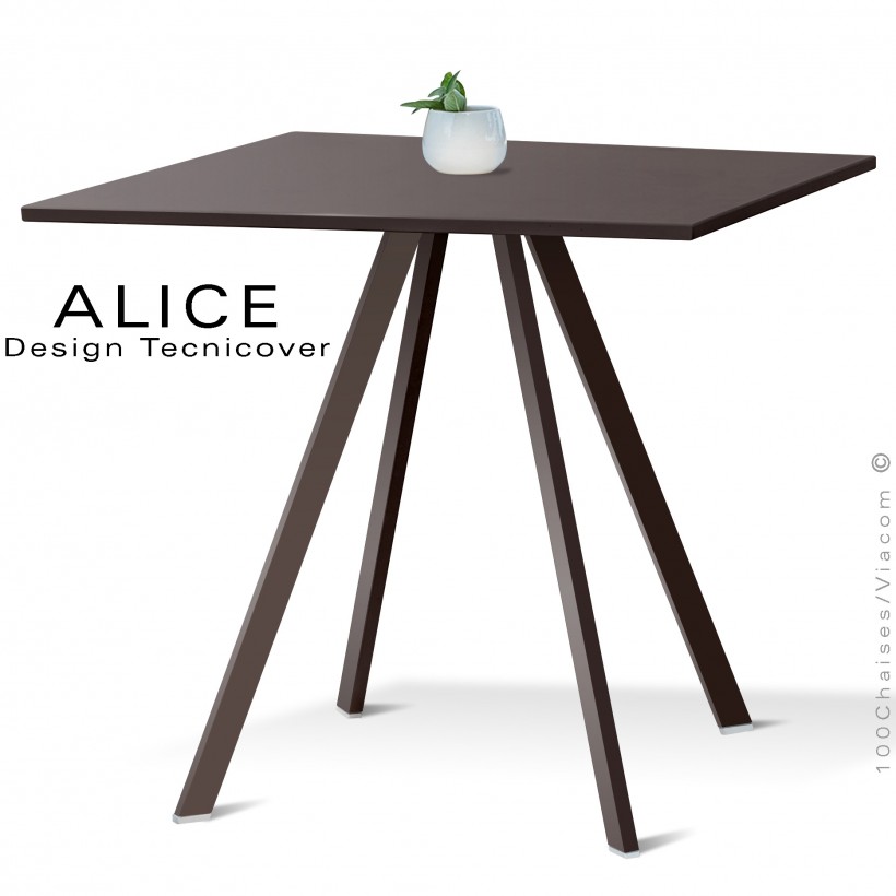 Table repas design ALICE, pour C.H.R. et extérieur, structure acier peint bronze, plateau rond ou carré.