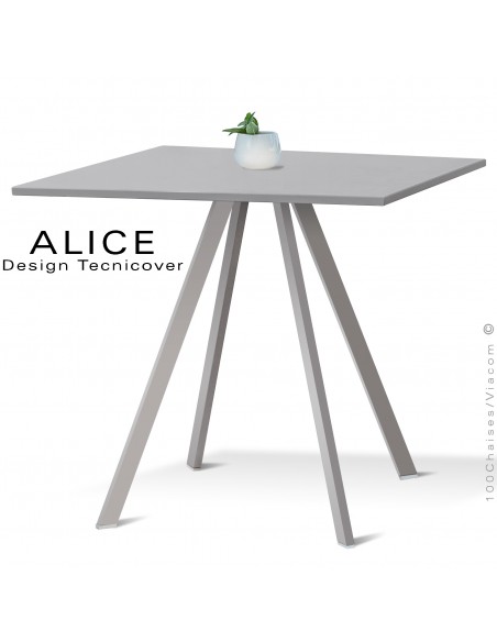 Table repas design ALICE, pour C.H.R. et extérieur, structure acier peint gris Tourterelle, plateau rond ou carré.