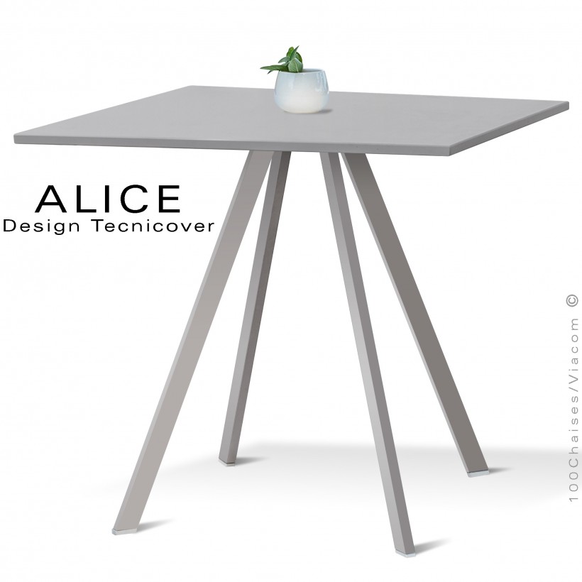 Table repas design ALICE, pour C.H.R. et extérieur, structure acier peint gris Tourterelle, plateau rond ou carré.