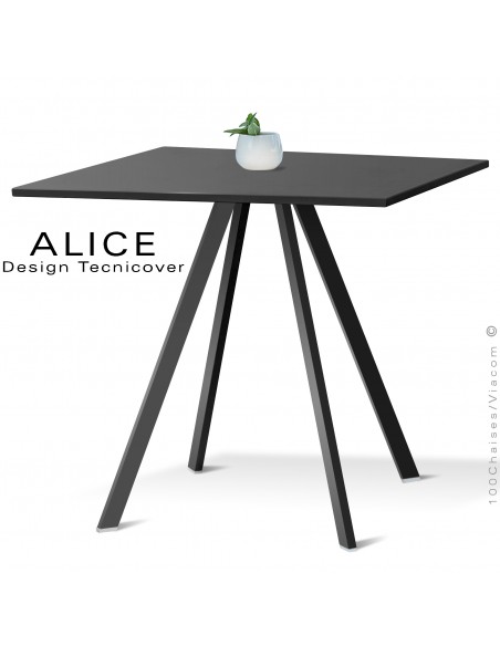 Table repas design ALICE, pour C.H.R. et extérieur, structure acier peint noir, plateau rond ou carré.